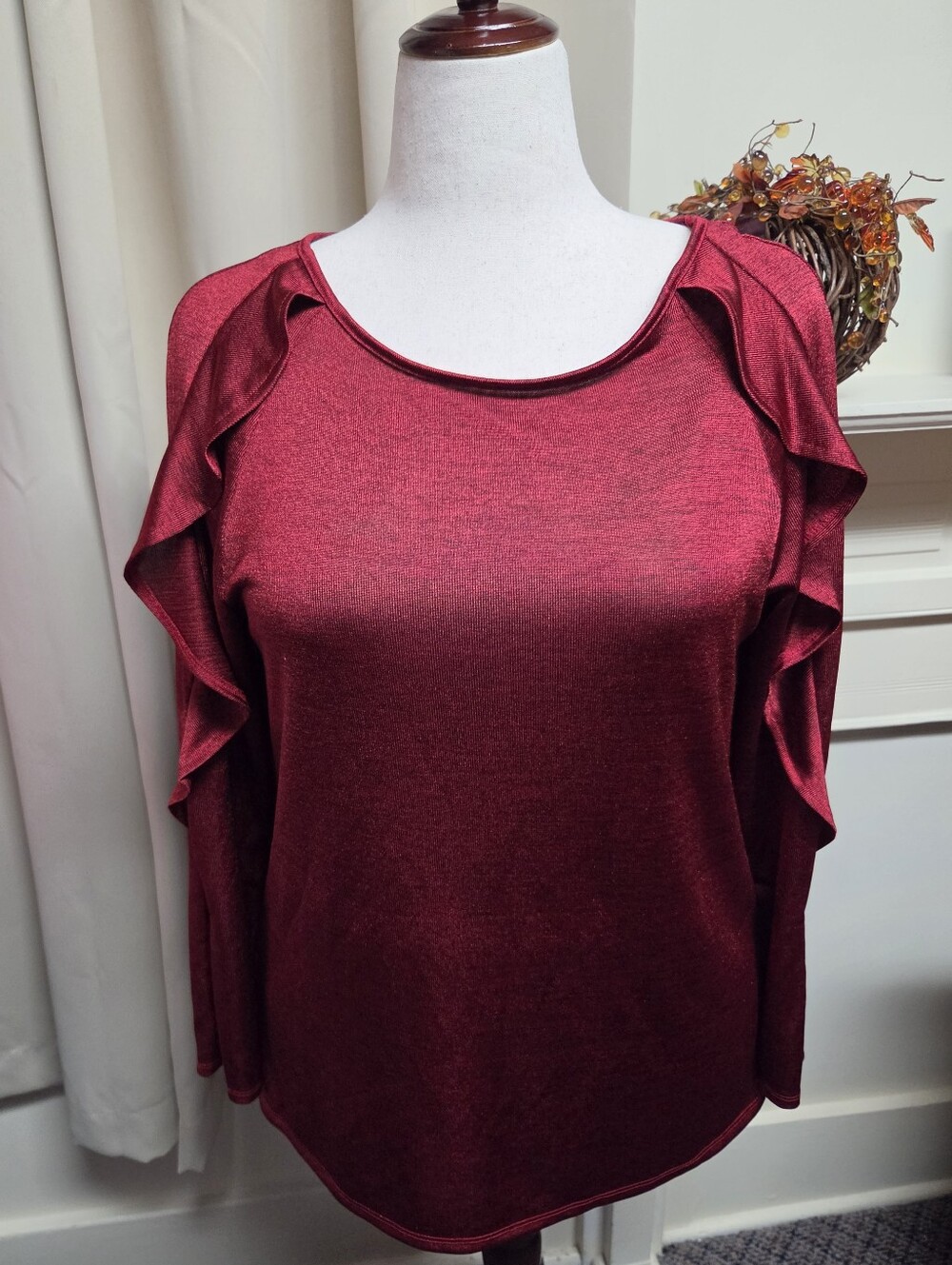 Alyx Deep Red,black Undertons, Ruffle-Trim Long Sleeve Top Size XL